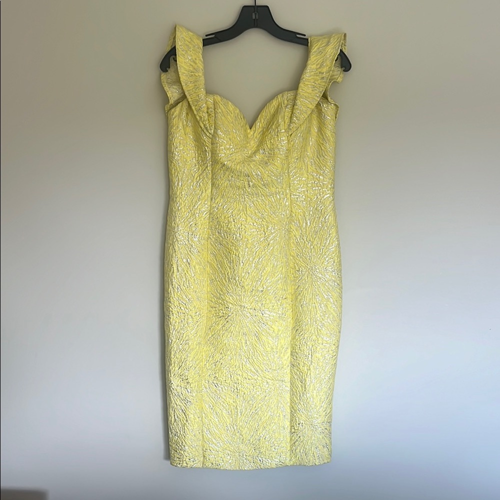 Alberto Makali Yellow Lace Sheath Dress Midi Ruffled Sleeveless